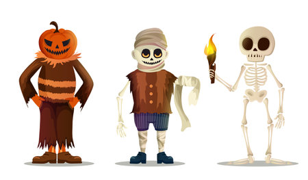 Halloween characters set. Skeleton with torch, zombie and jack o latern. International holiday of fear and horror. Monster and devil. Flat vector collection isolated on white backgroundのイラスト素材