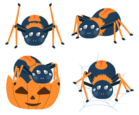 Halloween spiders set. Arachnid with pumpkin. Stickers for social networks. Character for international holiday of fear and horror. Flat vector collection isolated on white backgroundのイラスト素材