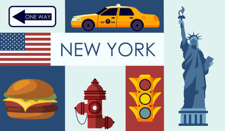 New York icons set. Monument with Statue of Liberty, hamburger, hydrant and traffic light, taxi and American flag. International landmark. Travel and tourism. Flat vector illustrationのイラスト素材