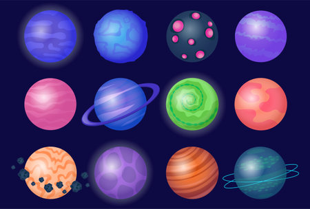 Set of planets. Solar systems, galaxy and universe. Astronomy and astrology. Plants and satellite, orbits. Science and education. Flat vector collection isolated on blue backgroundのイラスト素材
