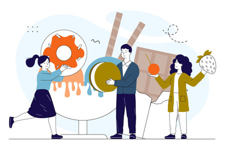 People with sweets. Men and women with huge donuts, chocolate bars and macaroni. Candy and bakery, pastry products, confectionery. Linear vector illustration isolated on white backgroundのイラスト素材