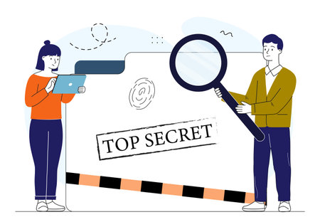 People with top secret file. Woman with laptop and man with magnifying glass are checking documents. Security of files in folders and archives. Linear vector illustration isolated on white backgroundのイラスト素材