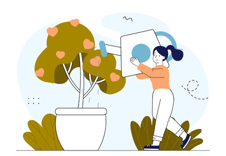 Woman watering tree with hearts. Girl with huge watering can waters tree in flower pot. Metaphor of love and romance. Valentines Day postcard. Linear vector illustration isolated on white backgroundのイラスト素材