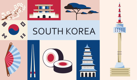 South Korea icons set. Architecture, hand fan, sushi and rolls, sakura branch and korean flag. International landmark. Travel and tourism. Holiday and vacation. Flat vector illustrationのイラスト素材