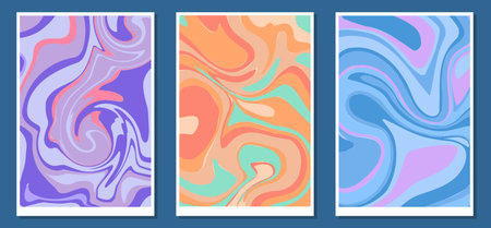 Liquid shapes posters set. Abstract fluid waves patterns and ornaments. Paint splashes and drops. Trendy minimalistic creativity and art. Flat vector collection isolated on blue backgroundのイラスト素材