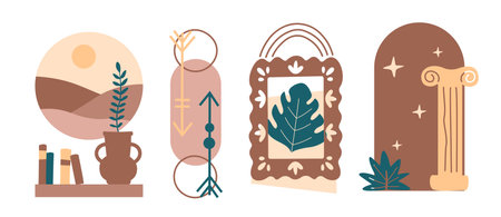 Abstract aesthetic furniture set. Ceramic vase in boho style. Marble column and picture with leaves. Comfort and coziness indoors. Flat vector collection isolated on white backgroundのイラスト素材