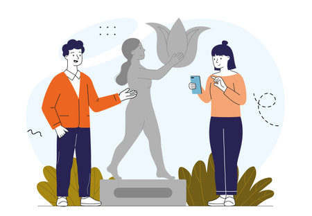 People take photos with statue. Man and woman with smartphone near stone statue. Culture and architecture, history. Tourists near landmark. Linear vector illustration isolated on white backgroundのイラスト素材