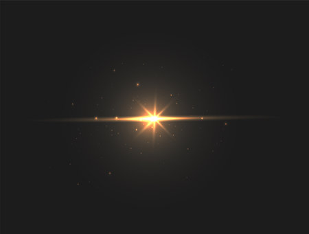 Realistic burst light. Bright shine and glare with sparkle. Explode and magical effects. Energy and magic. Star and cosmic body. 3D vector illustration isolated on black backgroundのイラスト素材