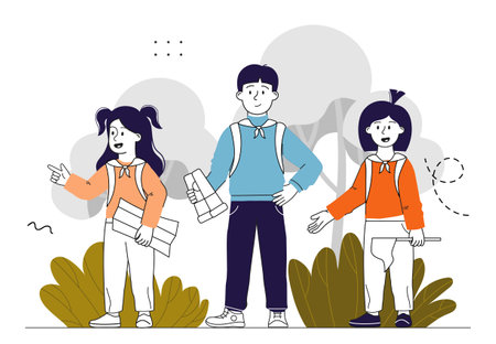 Scouts travelers kids. Boy and girl with backpack standing in nature. Active lifestyle. Hiking and camping, trekking. Travel and tourism. Linear vector illustration isolated on white backgroundのイラスト素材