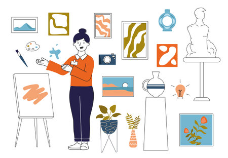 Set for art gallery. Young girl near paintings and pictures. Creativity and art. Exhibition and gallery. Cultural rest and leisure. Linear vector illustration isolated on white backgroundのイラスト素材