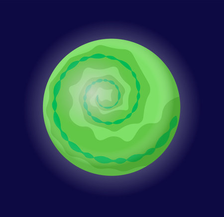 Planet or satellite. Galaxy and universe. Green cosmic body and object in space. Astrology and astronomy. Graphic element for website. Flat vector illustration isolated on blue backgroundのイラスト素材