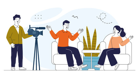People at tv show. Man with camera films conversation between host and guest. Content for television. Entertainment, fun and leisure. Linear vector illustration isolated on white backgroundのイラスト素材