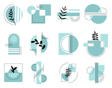 Vintage geometric leaves set. Fresh summer foliage. Plants and flowers in bauhaus and swiss style. Graphic element for website. Linear vector collection isolated on white backgroundのイラスト素材