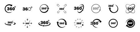 360 degrees icons set. UI and UX design elements for website. Rotation and simulation, panorama. Virtual reality technology. Flat vector collection isolated on white backgroundのイラスト素材