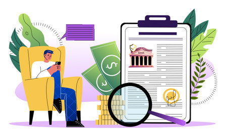 Man analyzes financial activities. Guy with smartphone looks at statistics in banking app. Financial literacy, assessment of expenses and income. Accounting and budgeting. Flat vector illustrationのイラスト素材