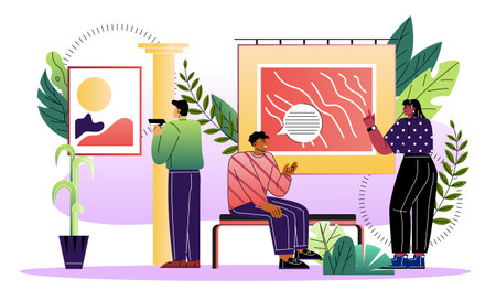 People in art gallery. Visitors in museum and at exhibition. Men and women look at paintings, art objects. Cultural rest and leisure. Flat vector illustration isolated on white backgroundのイラスト素材