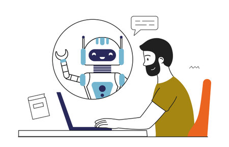 Artificial intelligence apps. Man with laptop work with chat bot. Virtual helper and assistant. Workflow automation. Poster or banner. Linear vector illustration isolated on white backgroundのイラスト素材