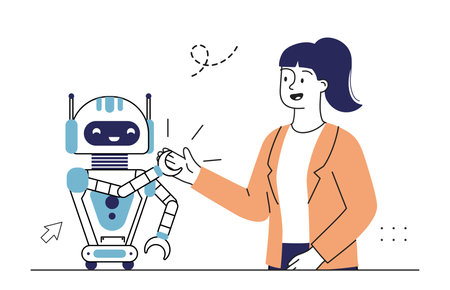 Artificial intelligence apps. Woman work with robot. Virtual helper and assistant. Workflow automation. Machine learning. Linear vector illustration isolated on white backgroundのイラスト素材