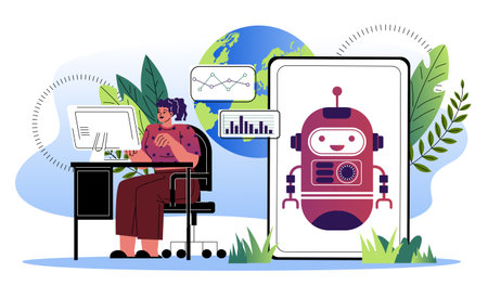 Woman work with artificial intelligence. Girl with bot working on business project. Virtual assistant and helper. AI and machine learning. Flat vector illustration isolated on white backgroundのイラスト素材
