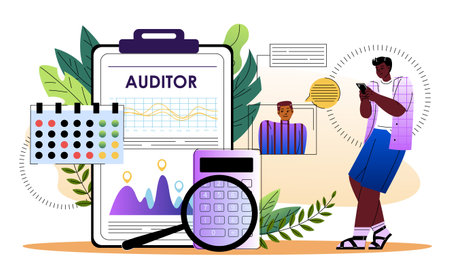 Financial auditor concept. Man with magnifying glass evaluates charts. Financial literacy, assessment of income and expenses. Flat vector illustration isolated on white backgroundのイラスト素材