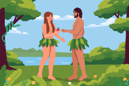 Adam and Eve. Naked man and woman with apple in garden. Religion and faith, believe. Legend and mythology. Christianity and Bible. Couple with temptation. Flat vector illustrationのイラスト素材