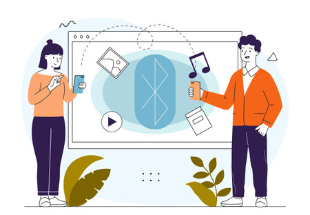 People send files via bluetooth. Man and woman with smartphones send files to each other. Wireless connection and document sharing. Linear vector illustration isolated on white backgroundのイラスト素材