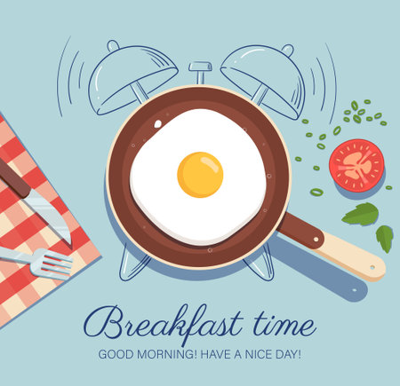 Breakfast time poster. Saucepan with fried eggs and tomato slice. Healthy morning eating. Menu for cafe or restaurant. Proper diet and nutrition. Flat vector illustrationのイラスト素材