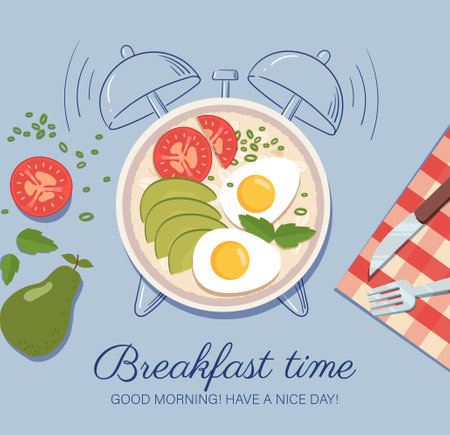 Breakfast time poster. Dish with eggs and vegetables top view. Healthy morning eating. Slices of avocado and tomato. Proper diet and nutrition. Flat vector illustrationのイラスト素材