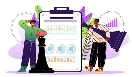 Businessman playing chess. Men with huge chess pieces near graphs and diagrams. Business planning and strategy. Game of logic and intelligence. Flat vector illustration isolated on white backgroundのイラスト素材