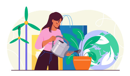 Woman cares about enviroment. Girl waters plant. Caring for nature and environment. Eco friendly activist. Sustainable and zero waste lifestyle. Flat vector illustration isolated on white backgroundのイラスト素材
