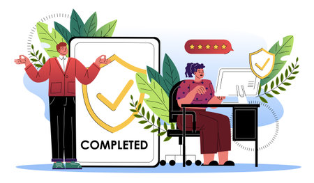 Checklist task completion. Man and woman at workplace perform tasks. Time management and efficient workflow. To do list. Flat vector illustration isolated on white backgroundのイラスト素材