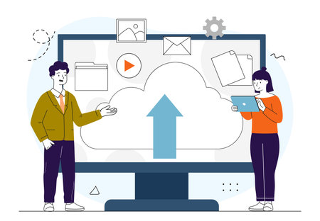 Files in cloud storage. Man and woman near computer with files and documents. Server and archive. Download and upload. Linear vector illustration isolated on white backgroundのイラスト素材