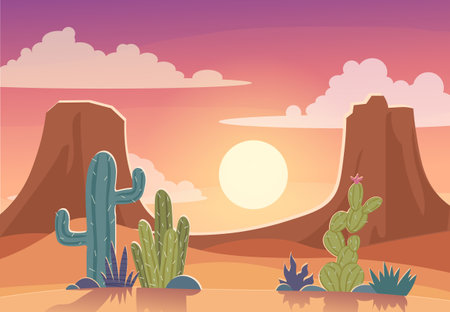 Colored desert with cacti. Cactus in mexico or Arizona. Beautiful natural panorama and landscape. Evening mexican sky. Sunrise or sunset. Flat vector illustrationのイラスト素材