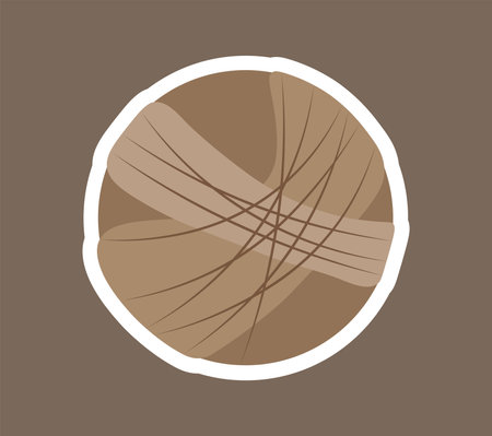 Cozy autumn sticker. Woolen brown ball. Autumn and fall season. Thread for sewing clothes. Poster or banner for website. Flat vector illustration isolated on brown backgroundのイラスト素材