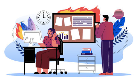 Workers with deadline. Man and woman working in burning office. Overworked employees. Poor time management and inefficient work process. Flat vector illustration isolated on white backgroundのイラスト素材
