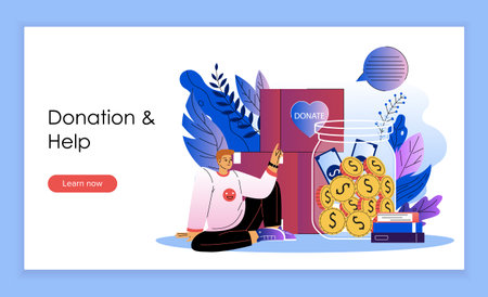 Donation landing page. Man near cardboard boxes and jar with golden coins. Charitable organization volunteer. Altruism, generosity and kindness. Flat vector illustration isolated on blue backgroundのイラスト素材
