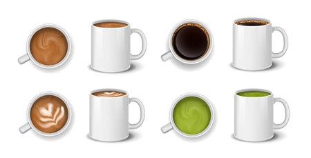 Coffee cups set. Mugs with hot drinks side and top view. Cappuccino and mochaccino, latte. Mocha, and green herbal tea. Realistic vector collection isolated on white backgroundのイラスト素材