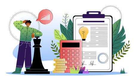 Economy school subject. Boy with chess pieces near golden coins and calculator. Credit for education. Learning and training. Flat vector illustration isolated on white backgroundのイラスト素材