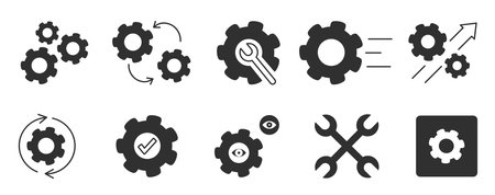 Black gear icons set. Coghweels and wrenches. Symbols of repair and maintenance work. Machinery and...