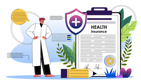 Health insurance concept. Man in medical uniform near contract and agreement. Healthcare and medicine, treatment. Financial deal. Flat vector illustration isolated on white backgroundのイラスト素材