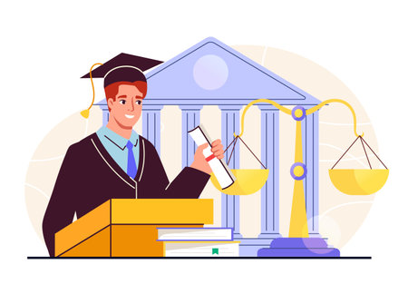 Lawyer near courthouse. Man in robe stands outside courthouse. Legal protection of deals. Judgement and justice, legislation. Flat vector illustration isolated on white backgroundのイラスト素材