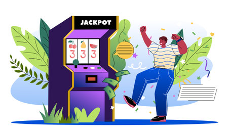 Man celebrate jackpot. Young guy rejoices near slot machines. Person with online gambling and casino. Game for luck and fortune. Flat vector illustration isolated on white backgroundのイラスト素材