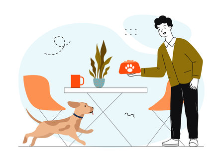 Man feeds dog. Young guy give food to domestica animal and puppy. Volunteer feed pet. Generosity and kindness, charity. Linear vector illustration isolated on white backgroundのイラスト素材