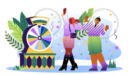 People won lottery. Man and woman celebrate success. Game for fortune and luck. Online gambling poster. Fun and entertainment. Flat vector illustration isolated on white backgroundのイラスト素材