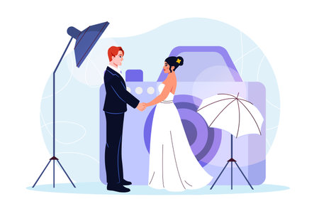 Wedding photo shoot. Man in black suit and woman in white dress are photographed in photo studio. Love and romance. Bride and groom, husband and wife. Flat vector illustrationのイラスト素材