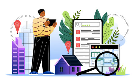 Real estate searching. Man near magnifying glass and clipboard with building. Young guy buy home or apartment. Loan and mortgage. Flat vector illustration isolated on white backgroundのイラスト素材