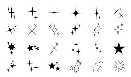 Retro futuristic sparkle icons set. Black and white stars. Particles and effects for video games. Burst and flash, twinkle. Flat vector collection isolated on white backgroundのイラスト素材