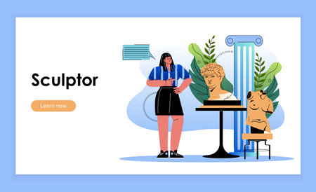 Sculptor landing page. Woman with marble bust. Young girl near traditional greek columns and heads. Creativity and art. Flat vector illustration isolated on blue backgroundのイラスト素材
