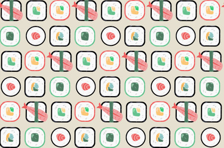 Seamless pattern with sushi. Repeating design element for printing on fabric. Rice and fish, top view of rolls. Traditional Japanese and Asian cuisine. Wallpaper and texture. Flat vector illustrationのイラスト素材