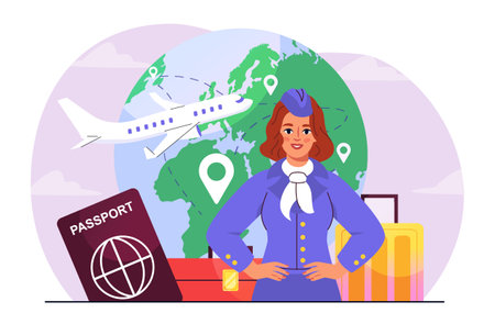 Airplane travel concept. Stewardess near foreign passport, suitcases and map. Holiday and vacation. Travel and tourism, flight. Flat vector illustration isolated on white backgroundのイラスト素材